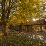 Piknikuplats Tartu lähedal Eesti Põllumajandusmuuseumis Ülenurmes, avar muruala piknikulaudade ja rohelise loodusega.